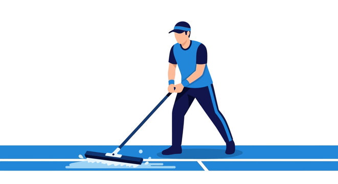Man drying blue tennis court surface with squeegee for us open vector