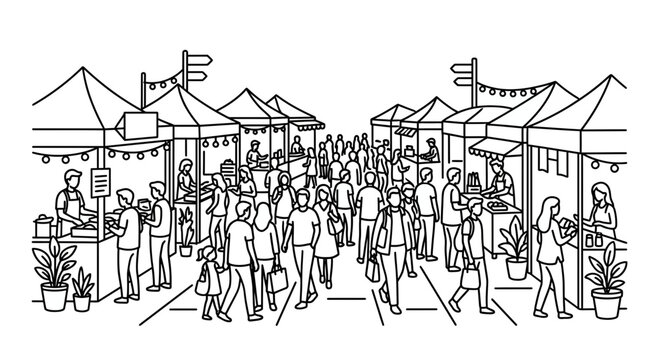 A bustling outdoor street market scene with many people shopping at various vendor stalls.