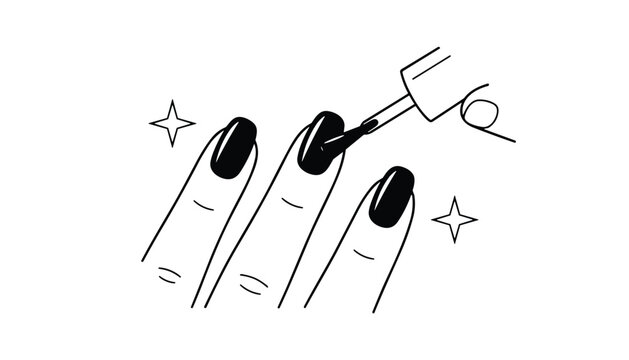Vector line art of hand painting fingernails with black polish and sparkle accents
