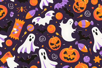 Fototapeta premium Halloween seamless pattern with pumpkins, ghosts, bats and candies.