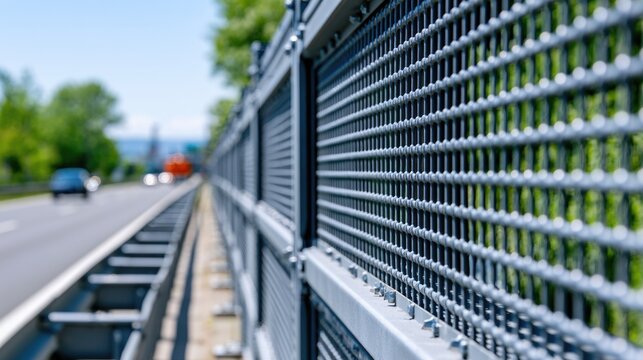 Noise barrier installation. Perforated metal acoustic barrier lines a roadside, reducing traffic noise while providing durable infrastructure for highways, bridges and urban transportation.