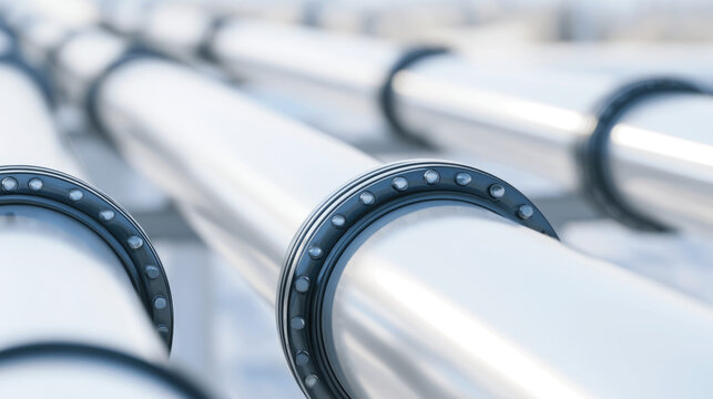 Pipeline construction, Industrial infrastructure. Large metal pipelines with flanged joints prepared for oil, gas, water supply, energy distribution and industrial processing systems.