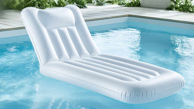 Pool recreation, Summer leisure. Inflatable floating lounge drifts in a swimming pool for relaxation, vacation, resort leisure, backyard recreation and outdoor comfort.
