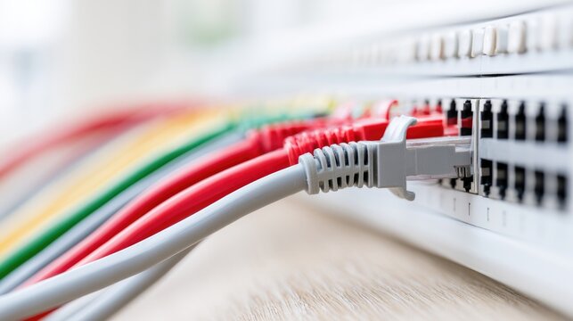 Network infrastructure, Data networking. Ethernet cables are connected to a network switch for data transmission, internet connectivity, server communication, IT infrastructure and network management.