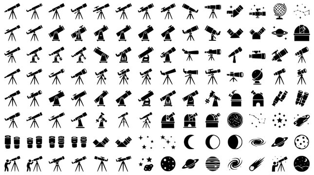 Telescope Silhouette Icon Set with Astronomical and Observation Equipment Vector Illustration