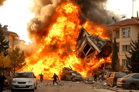 A residential building engulfed in a massive explosion and fire