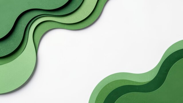 abstract green wavy paper cut design overhead view on white surface for minimalist corporate background or branding mockup