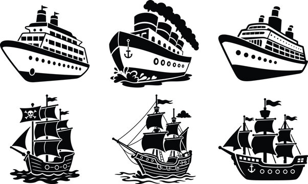 Set of black and white ship icons, cruise liners and vintage sailing vessels with sails, vector illustration