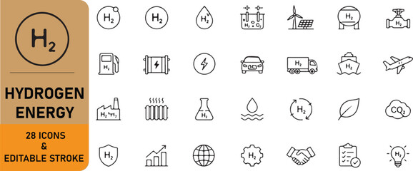 A set of 28 hydrogen energy line icons © Dipika