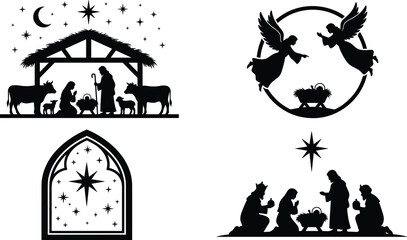 Obraz premium Christmas nativity scene silhouette icon set featuring holy family stable angels three wise men and star of Bethlehem vector illustrations.