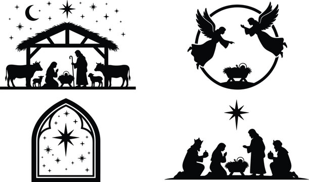 Christmas nativity scene silhouette icon set featuring holy family stable angels three wise men and star of Bethlehem vector illustrations.