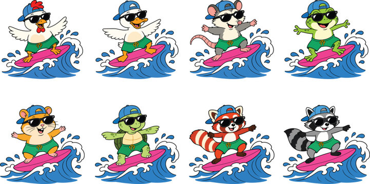 Set of cute cartoon animals surfing on waves, including a chicken, duck, opossum, frog, hamster, turtle, red panda, and raccoon, all wearing sunglasses and caps
