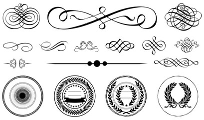 Collection of black decorative ornaments and laurel wreaths with transparent background, flourish scroll © Raisa