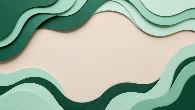 top down flat lay abstract overlapping emerald mint green paper cut art wave patterns on light beige background soft natural light for wellness luxury design marketing