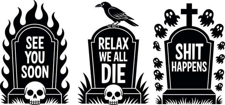 Funny Halloween gravestone vector silhouette set with dark humor quotes raven skulls fire flames and spooky ghosts
