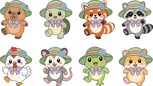 Set of cute cartoon animals wearing green hats with flowers and purple bows, including bear, turtle, red panda, raccoon, chicken, opossum, frog, and hamster