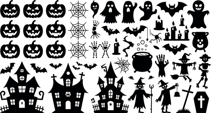 Halloween spooky silhouette elements vector bundle with haunted houses pumpkins ghosts bats witches scarecrows skeletons coffins and cauldrons