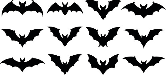 Naklejka premium Halloween spooky flying bats silhouette vector element set featuring various shapes of black wings for horror designs