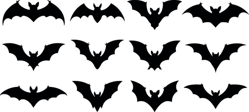 Halloween spooky flying bats silhouette vector element set featuring various shapes of black wings for horror designs