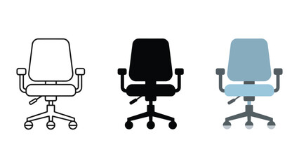 Obraz premium Ergonomic task chair vector icon set showing line art and flat color styles for office furniture branding and interior design visualization with adjustable height and swivel base