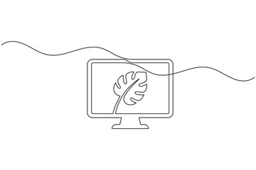 Obraz premium Desktop monitor screen with monstera leaf continuous one line drawing minimalist desktop display outline vector illustration