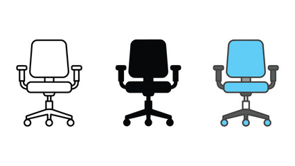 Obraz premium Front view office chair icon collection featuring line art and flat color graphic styles for furniture catalog or interior design projects showcasing ergonomic design with armrests and wheelbase