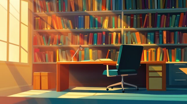 Sunny library study room with bookshelves and desk