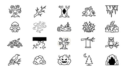 Fototapeta premium Spooky Forest Icon Set with Creepy Trees Roots and Dark Nature Elements for Halloween Design