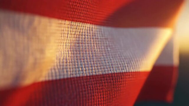 Macro close up of woven red and white striped fabric texture