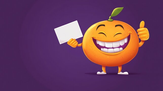 Smiling orange character holding blank sign,  funny cartoon fruit,  positive vibes