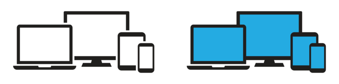 Various screen sizes including desktop monitors laptops tablets and smartphones in flat vector style