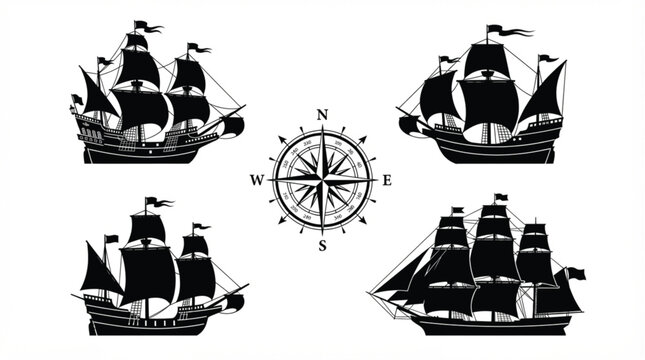 Old sailing ships silhouettes vector collection with nautical compass icon set