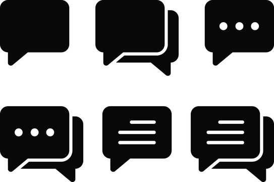 Six black speech bubble icons on a white background representing communication and messaging