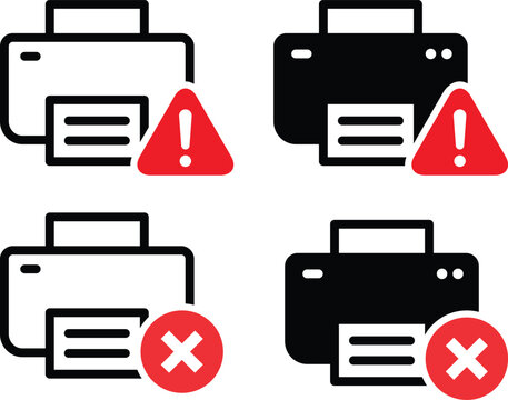 Printer icons with warning and error symbols in flat vector style on white background