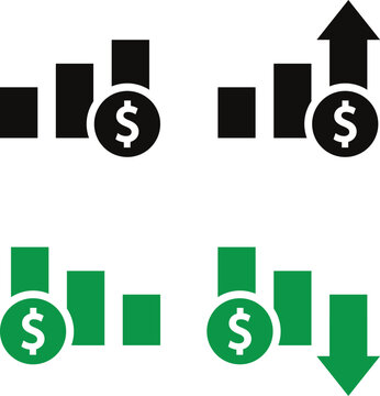 Financial growth and decline icons with dollar signs and arrows on white background