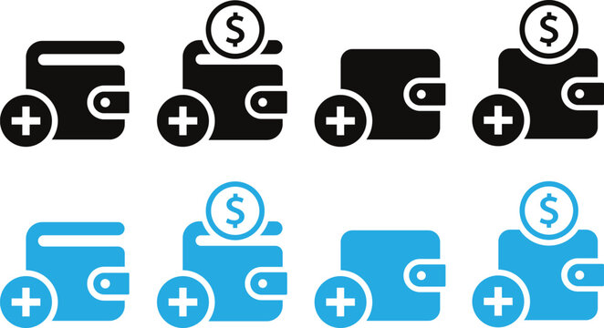 Money bag with plus sign icon set in blue and black financial growth concept
