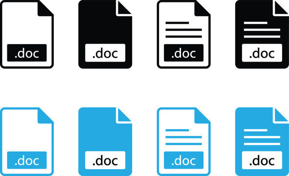 Four document icons in varying colors and styles representing Microsoft Word files