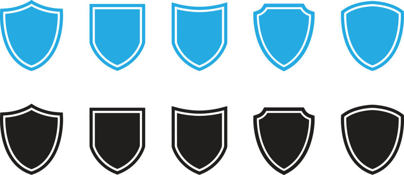 Collection of blue and black shield icons on a white background for security and protection concepts