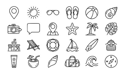 Fototapeta premium Summer Beach Line Art Icon Set with Vacation Travel and Tropical Symbols