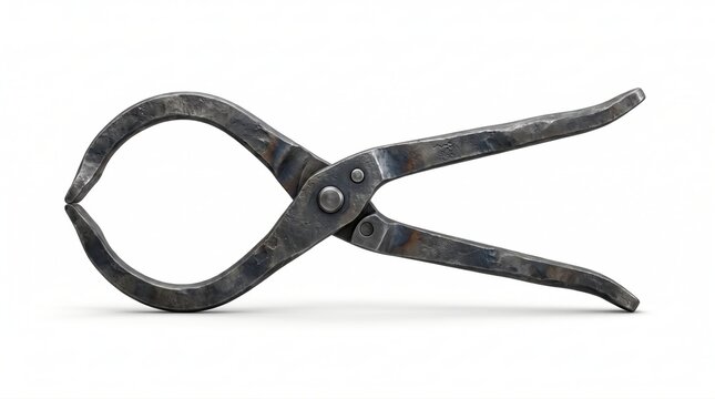 Forged steel log tongs isolated on white background showing rustic metal craftsmanship and texture