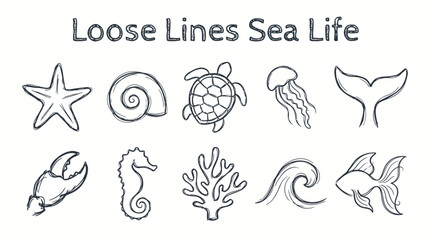 Sea life icons in loose lines. © Jesica