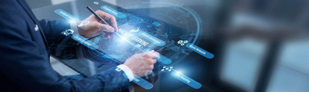 AI researcher point of machine learning models. Researcher using tablet training algorithms across the massive computing network. Automating complex patterns and solving deep logic bugs.