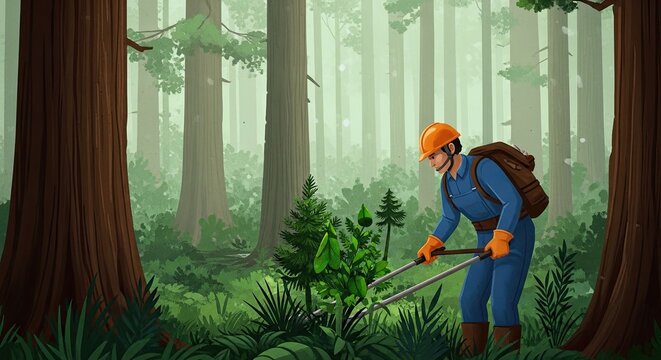 Forestry worker pruning young trees in dense forest.