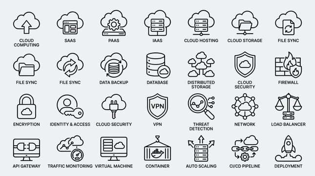 Cloud computing technology icons for saas paas iaas cloud hosting storage file sync data backup database security firewall vpn network load balancer.