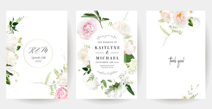 Pink, blush and white peony, green wispy sweet pea, sage greenery vector design wedding spring cards. Cut out soft and fluffy blooms. Floral summer watercolor. Elements are isolated and editable
