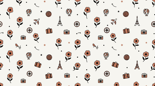 Seamless pattern with hand drawn travel icons and floral elements.