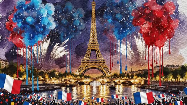 Eiffel Tower in Paris with Bastille Day Fireworks and French Flags Watercolor Illustration