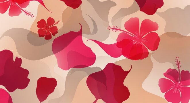 A vibrant hibiscus flower pattern on a beige and brown background with a gradient effect.