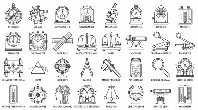 Vintage Scientific Instruments Outline Icon Set Antique Laboratory Navigation Measurement Vector Collection