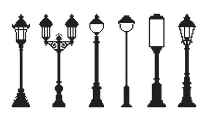 Set of black street light silhouettes featuring classic vintage post lamps in pixel art style. © VANU